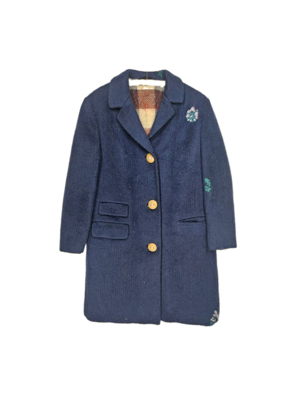 Vintage 1960s Lodenfrey Mohair Coat Navy Plaid Reverse Wood Button Yarn Repair